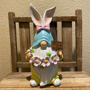 Gnome Easter Bunny Resin Figure, Gnome Bunny Holding A Welcome Sign & Flowers